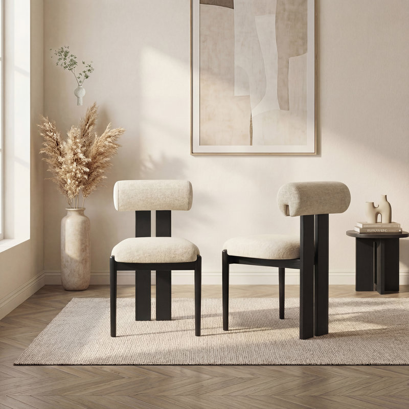 Mid-Century Modern Wooden Dining Chairs, Upholstered Fabric with Sculptural Backrest & Solid Wood Legs, Black, Beige