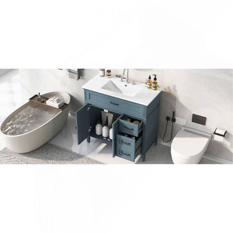 Meuble-lavabo 36 po avec lavabo, armoire de salle de bain avec tiroirs, cadre solide et panneau de fibres à densité moyenne, bleu gris
