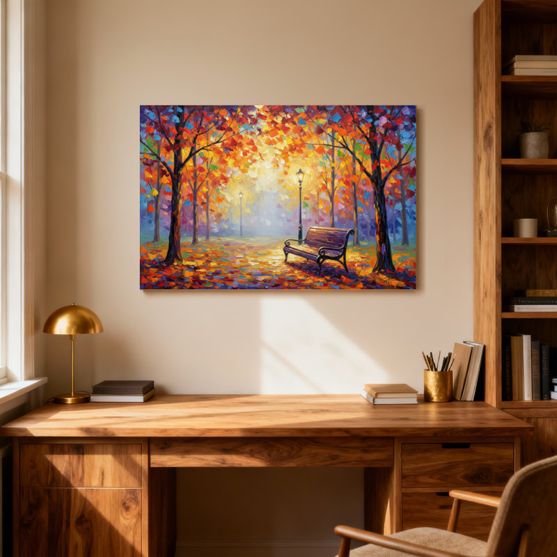 Paysage et nature, arbres d'automne, banc, lumière, feuilles colorées, H 20 po x l 30 po
