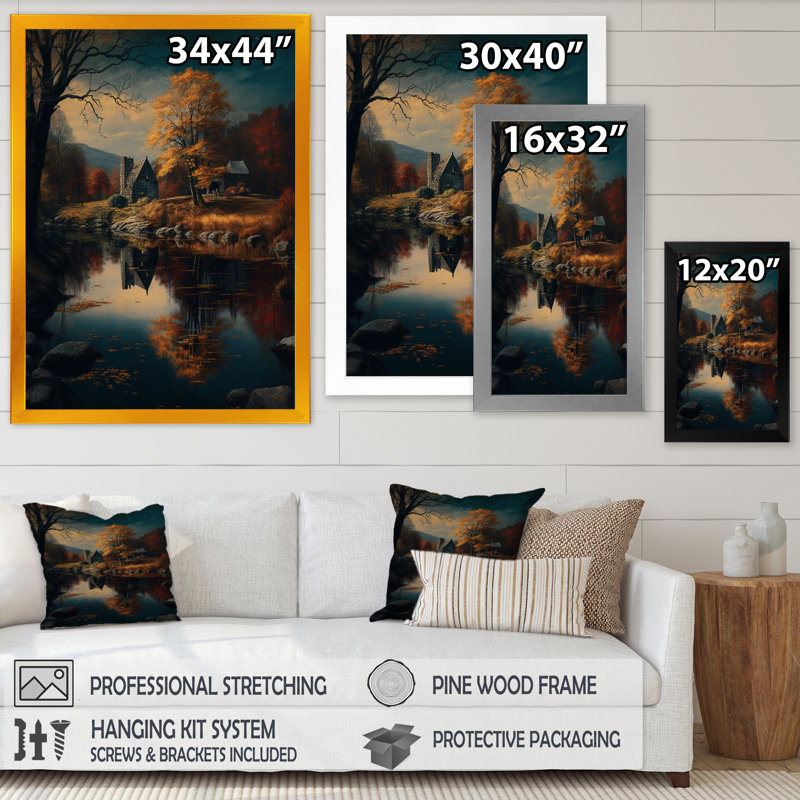«Old Cottage In The Autumn Mountains I», paysage, montagnes du lac, impression brune, H 40 po x l 30 po x P 1,5 po