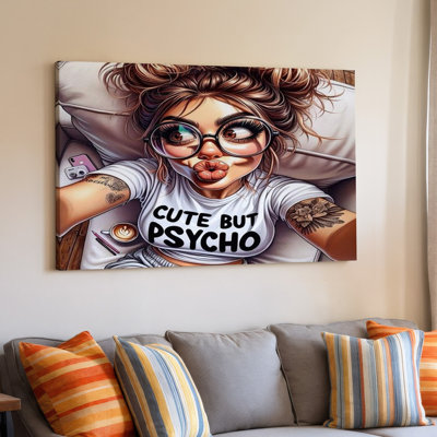 Cute But Psycho Girl Digital Art Funny Tattooed Woman Canvas Wall Art Print For Living Room, Bedroom, Office, Hallway, Entryway, Gallery Wall And Modern Home Decor