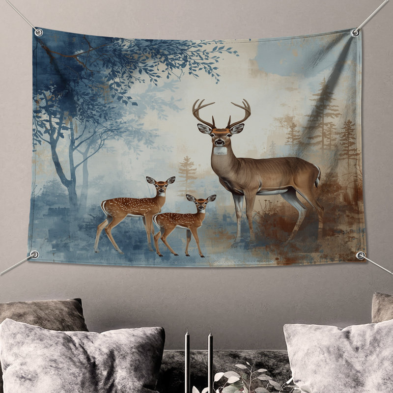 Tapisserie murale «Forest Deer Family» - Décoration murale cerf, 50in H x60in W with 4 Grommets