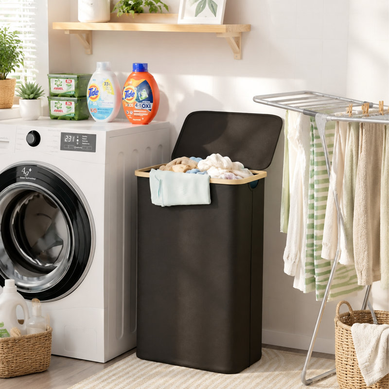 Household Foldable Fabric Laundry Hamper — 110L Extra-Large Capacity, Solid Black — Clothing Storage Basket For Living Room & Bathroom