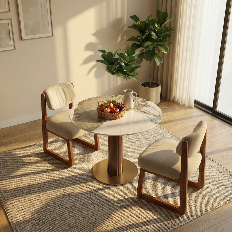 Ensemble de table de salle à manger 33,5 pouces moderne avec plateau en pierre, piédestal en bois massif et chaises réglables rembourrées