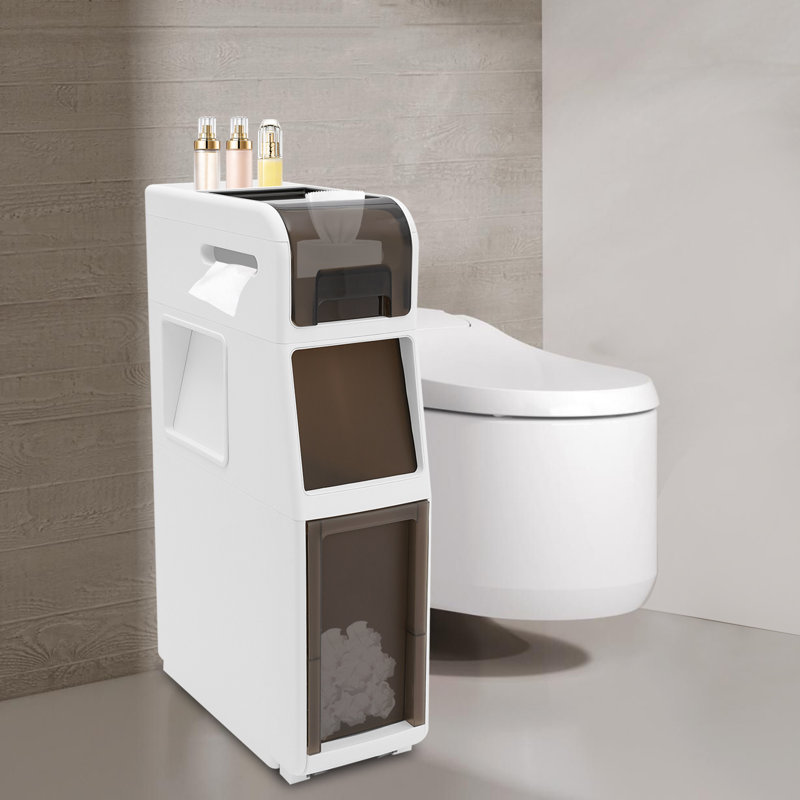 Slim Bathroom Storage Cabinet with Trash Bin & Toilet Paper Holder