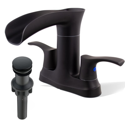 2-Handle Centerset Bathroom Sink Faucet with Waterfall Spout, 360° Swivel Spout and Pop-Up Drain Assembly, Matte Black