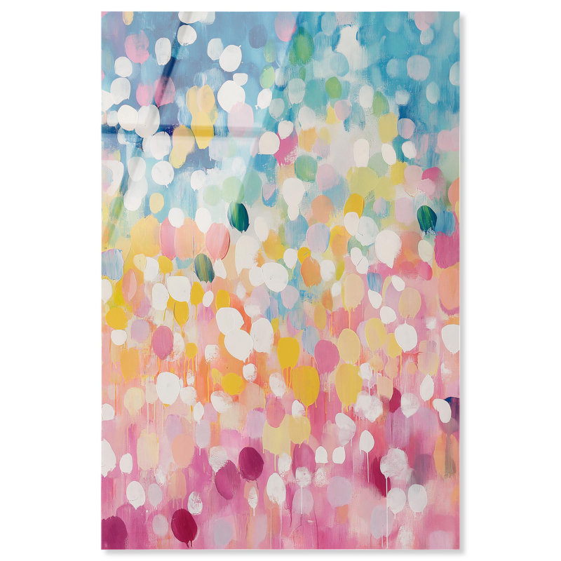 «Joyful Rainfall I», art mural en verre acrylique sans cadre ultra-brillant par Art Remedy, prêt à accrocher, 36 x 54 po