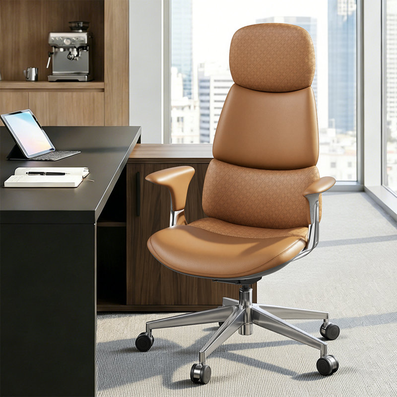 Top Grain Genuine Leather High Back Executive Office Chair, Embossed Pattern Upholstery, Home Desk Chair With Tilt Reclining, Adjustable Height & Seat Depth