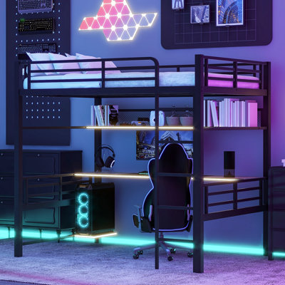 Structure de lit mezzanine en métal avec tablette de rangement et lumière DEL, filet de fer
