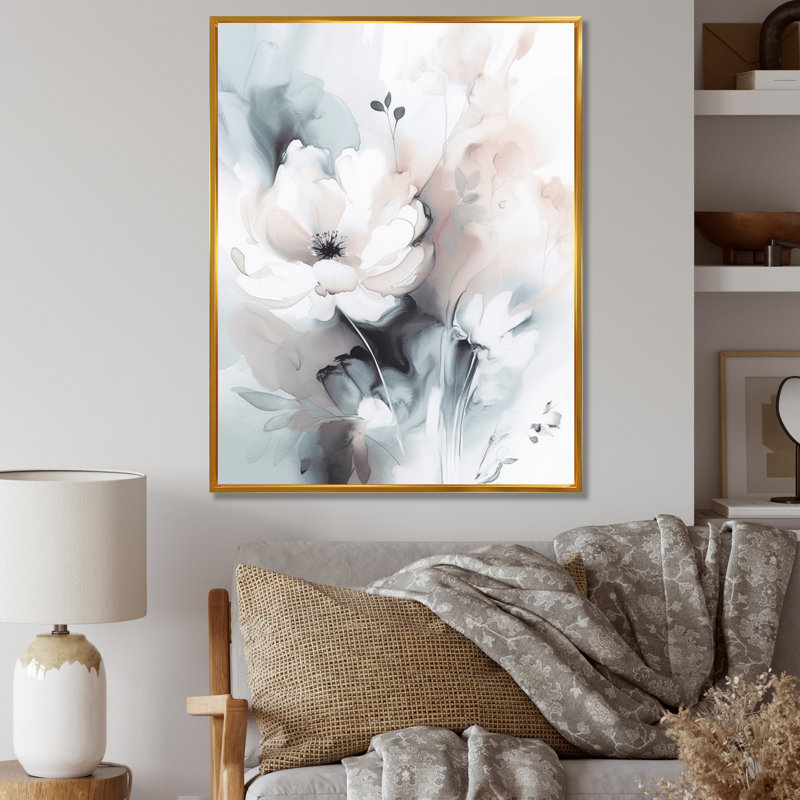 Douces fleurs gris clair II - art mural floral, H 20 po x l 12 po, Cadre flottant doré