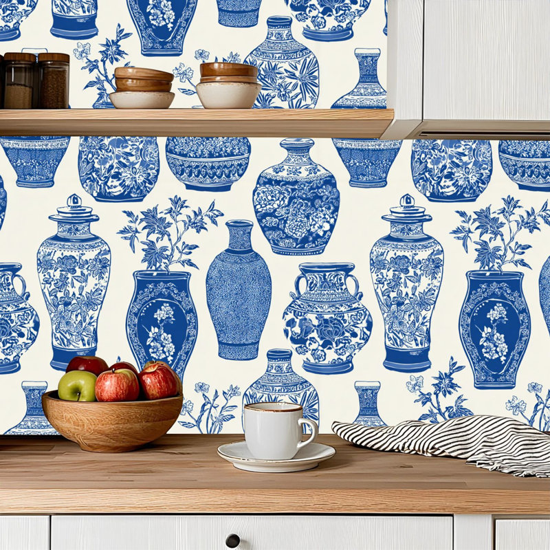 Papier peint à peler et coller avec vases en porcelaine bleu et blanc à motif floral traditionnel auto-adhésif et amovible 24 po x 118 po (60 x 300 cm)