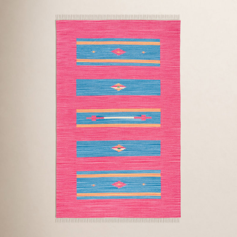 Tapis rose / bleu / jaune en coton tissé à plat à la main Danely, Rectangle de 5 pi x 8 pi