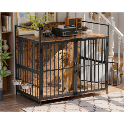 Mobilier de 48 po pour grande cage, chenil d'intérieur avec station de charge USB, cage pour chiens en bois avec bols rotatifs à 360 ° et 3 portes, cage pour chiens de taille moyenne / petite