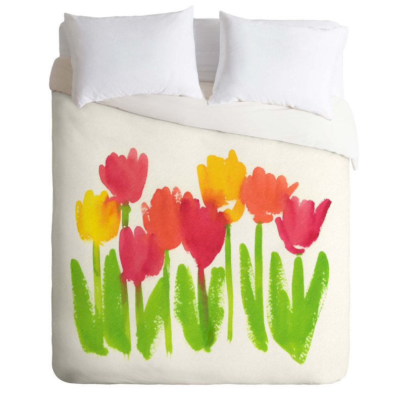 Ensemble de housse de couette à tulipes vives, Housse de couette simple / simple TG et 1 taie dé