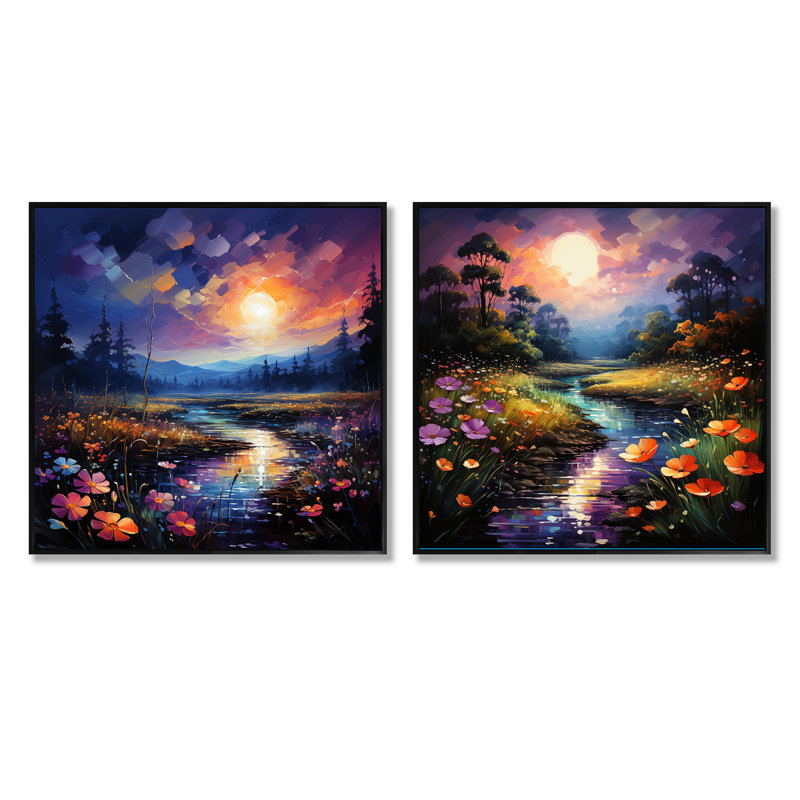 Luminous Blossoms At Night - Ensemble abstrait de paysages abstraits carrés, Cadre flottant noir, H 36 po x l 73 po