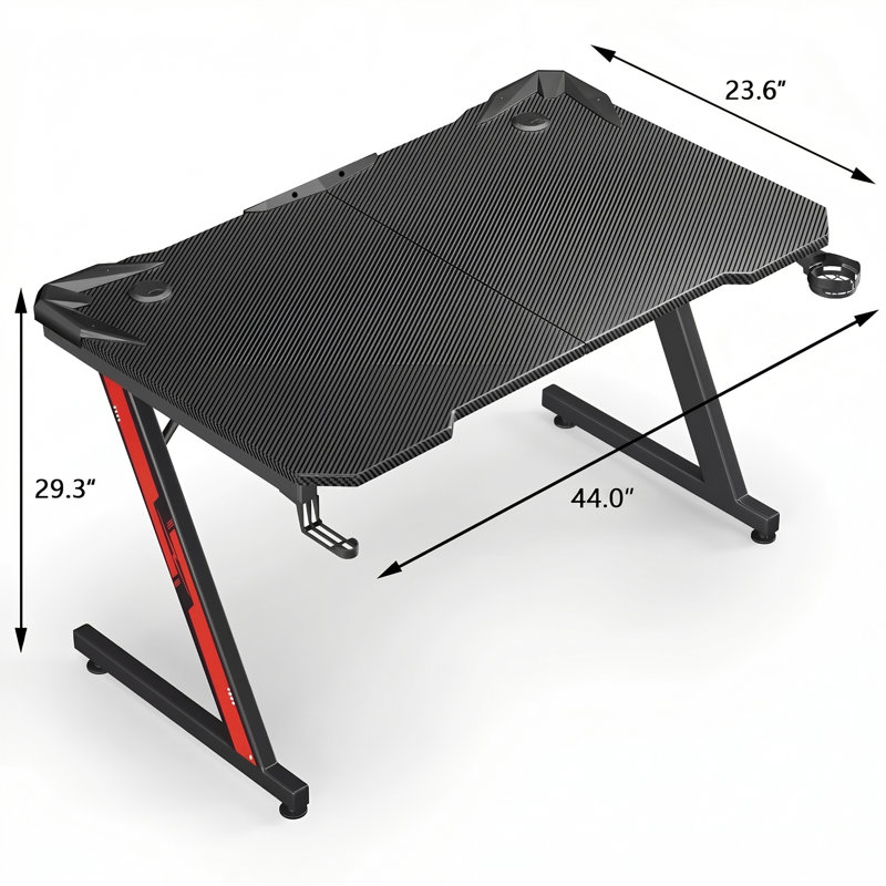 Bureau de jeu en fibre de carbone Heidrick, H 29,3 po x l 44 po x P 23,6 po, Noir / noir