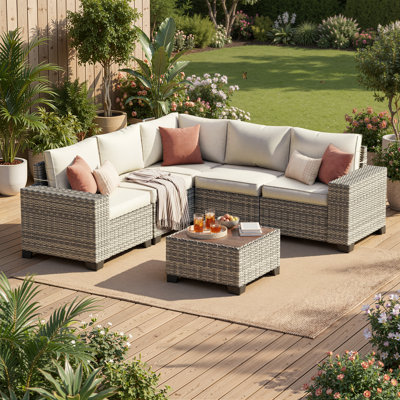 Ensemble de canapé modulaire d'extérieur 5 personnes avec rotin PEHD toutes saisons, coussins et accoudoirs larges