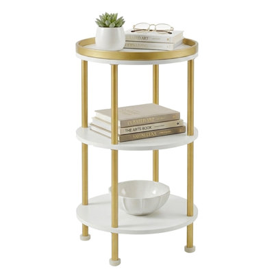 Small Round Side Table, Gold Round End Table with White Shelves, 3-Tier Modern Nightstand for Bedroom & Living Room, 21.7" H Narrow Gold Accent Table for Small Spaces, Dorm, Nursery (White & Gold)