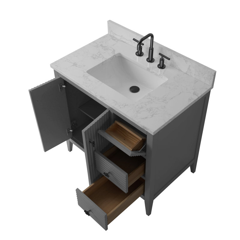 Laval 36" Single Sink Freestanding Bathroom Vanity with Engineered Marble Top, Matte Black, Linear Cashmere Gray