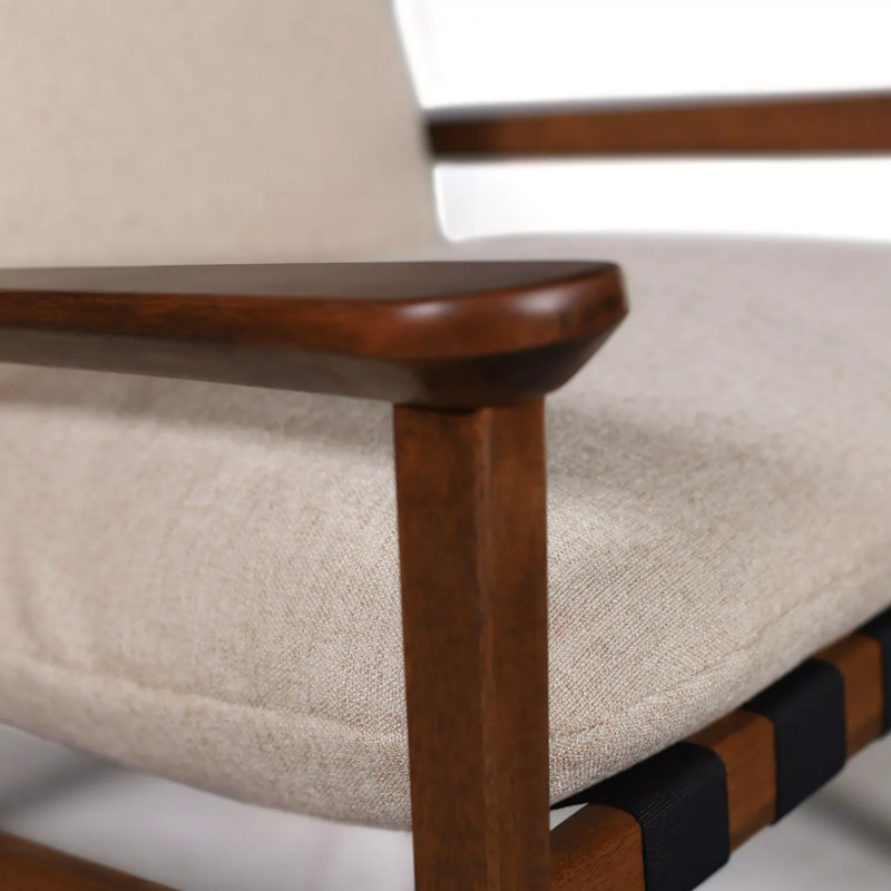 Mid Century Solid Wood Lounge Chair, Beige Linen Blend, Charcoal