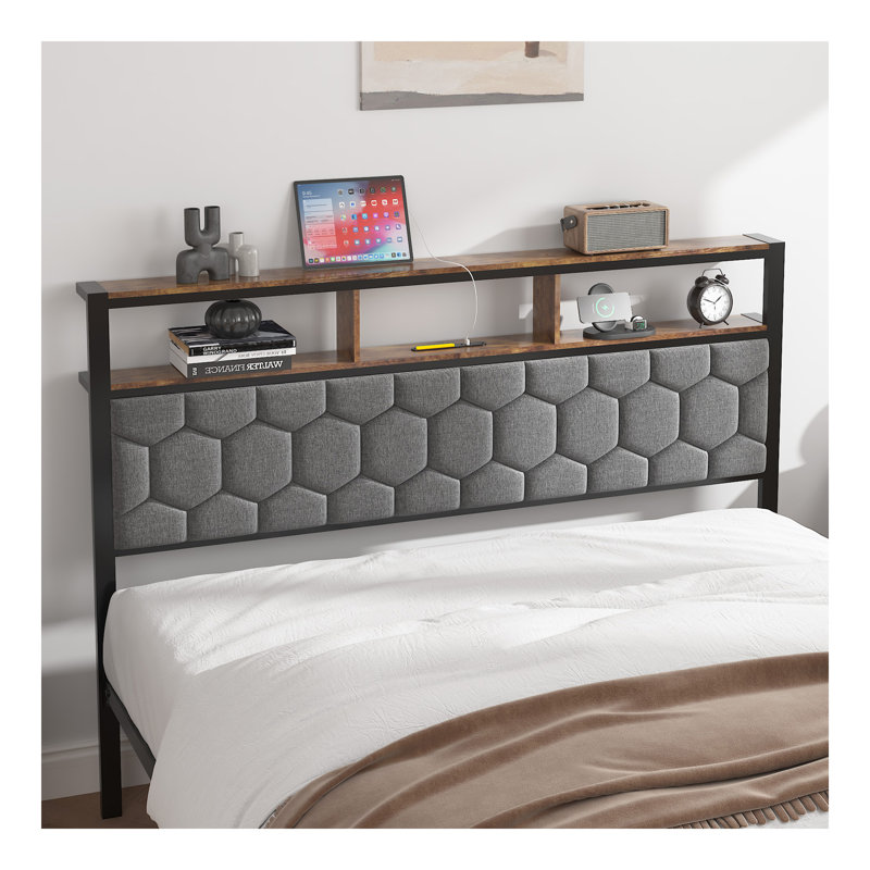 Cadre de lit double, cadre de lit plateforme en bois, chevet avec emballage souple et 2 pièces, pas de bruit, pas besoin de matelas à ressorts et d'outils d'assemblage simples, grand espace de rangement au bas du lit, brun