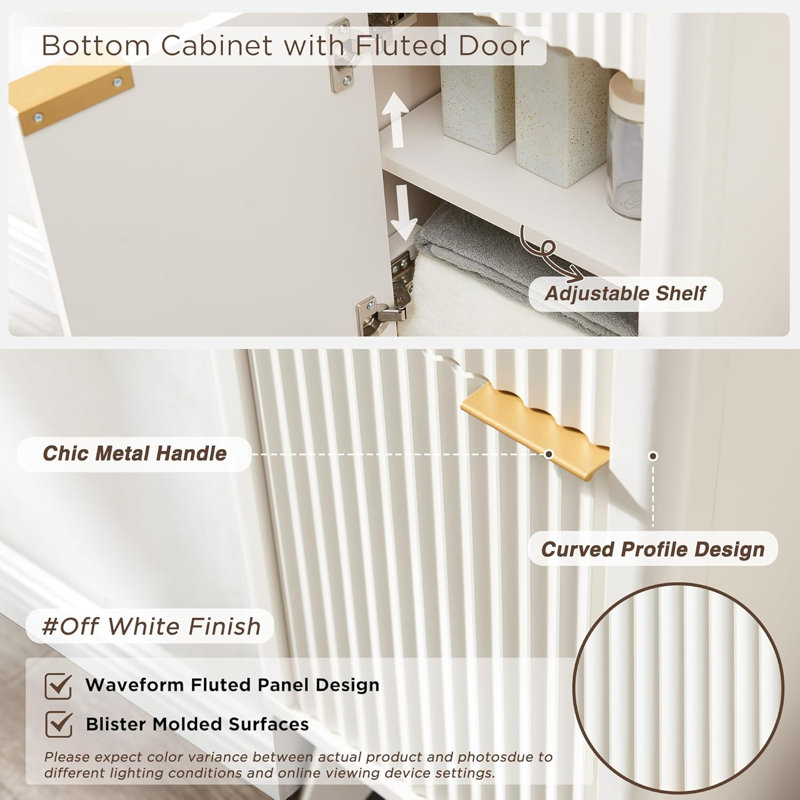 Armoire de rangement haute et étroite avec tablette réglable, tiroir et plateau en faux marbre, panneau cannelé pour la salle de bain, la cuisine et le salon