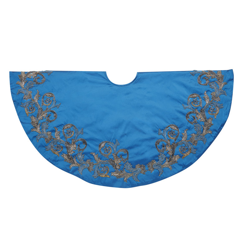 Imperial Blue Hand Beaded Christmas Tree Skirt on Blue Silk, 72"