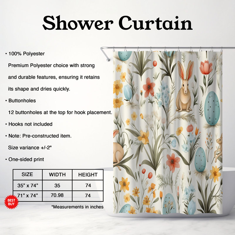 Rideau de douche standard 1 pièce Bloom Bright, H 74 po x l 71 po