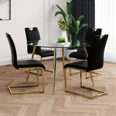 Table de salle à manger ronde moderne en verre simple, comptoir en verre trempé résistant à l'usure, pieds plaqués or, ensemble de chaises de salle à manger en polyuréthane noir, convenant à une cuisine de restaurant (ensemble de 5)