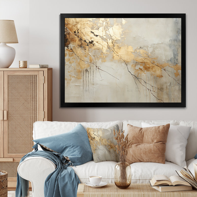 Art mural grand beige et or VI - formes abstraites, H 16 po x l 32 po x P 1 po, Cadre simple noir