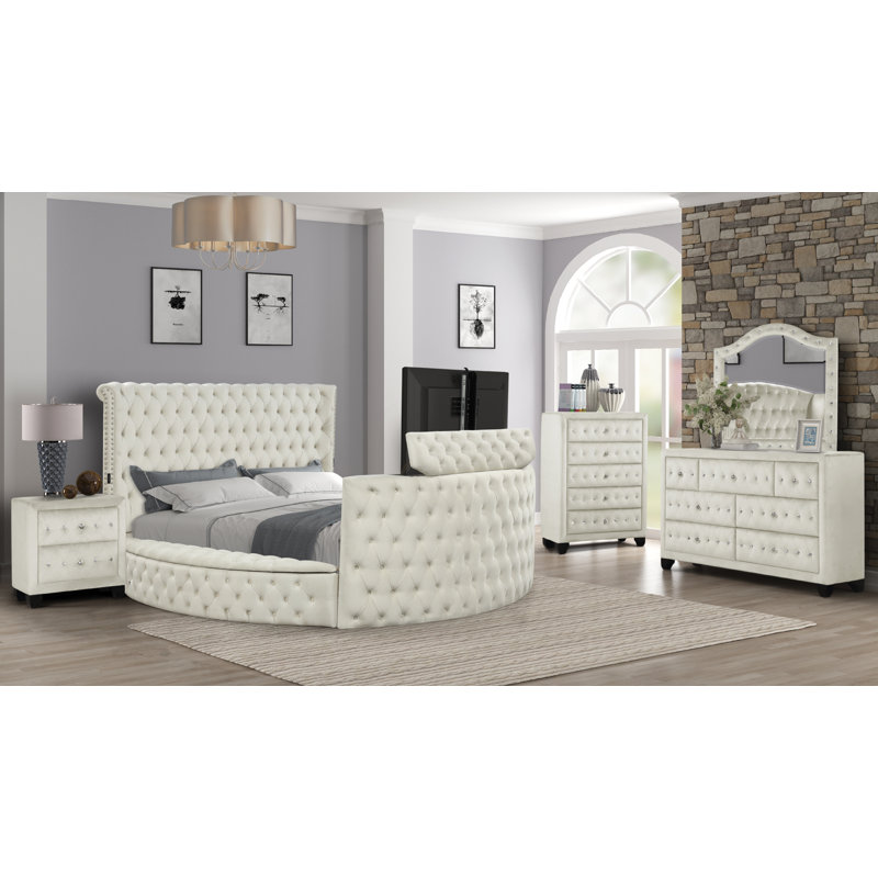 Ensemble de chambre à coucher 5 pièces Keldah, Crème, Grand