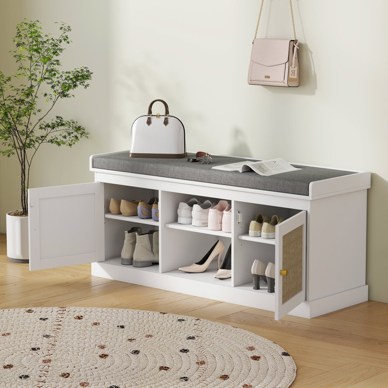 Banc à chaussures avec rangement et coussin rembourré, banc d'entrée, blanc