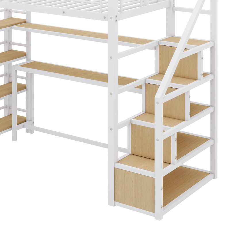Lit mezzanine avec escalier, bureau intégré et tablettes de rangement