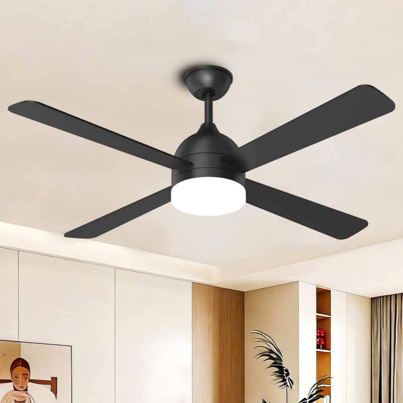 Ventilateur de plafond 52 po intérieur / extérieur moderne noir 52 po avec DEL 3 couleurs à intensité variable, télécommande, moteur à courant continu réversible, 6 vitesses