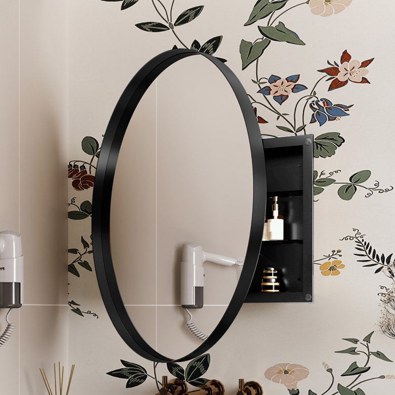 Miroir mural rond avec tablettes réglables, Noir