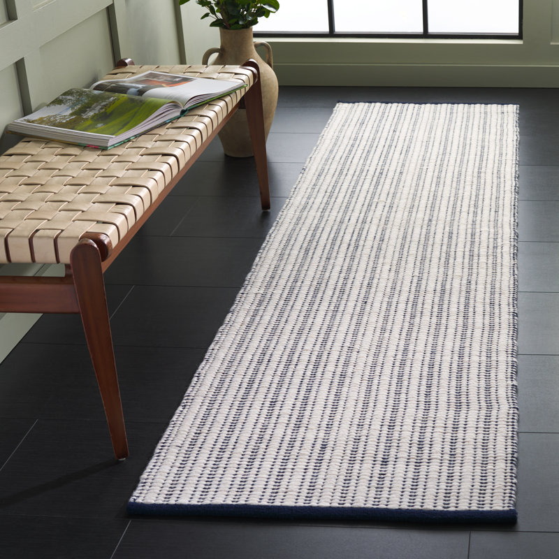 909 Hand Woven Cotton/Wool Striped Rug , Runner 2'3" x 8', Green/Ivory