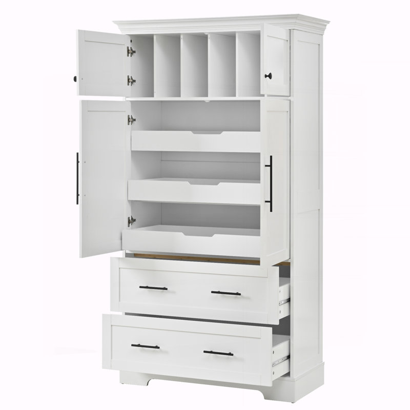 Armoire de rangement de salle à manger 4 portes avec plateaux coulissants, Blanc