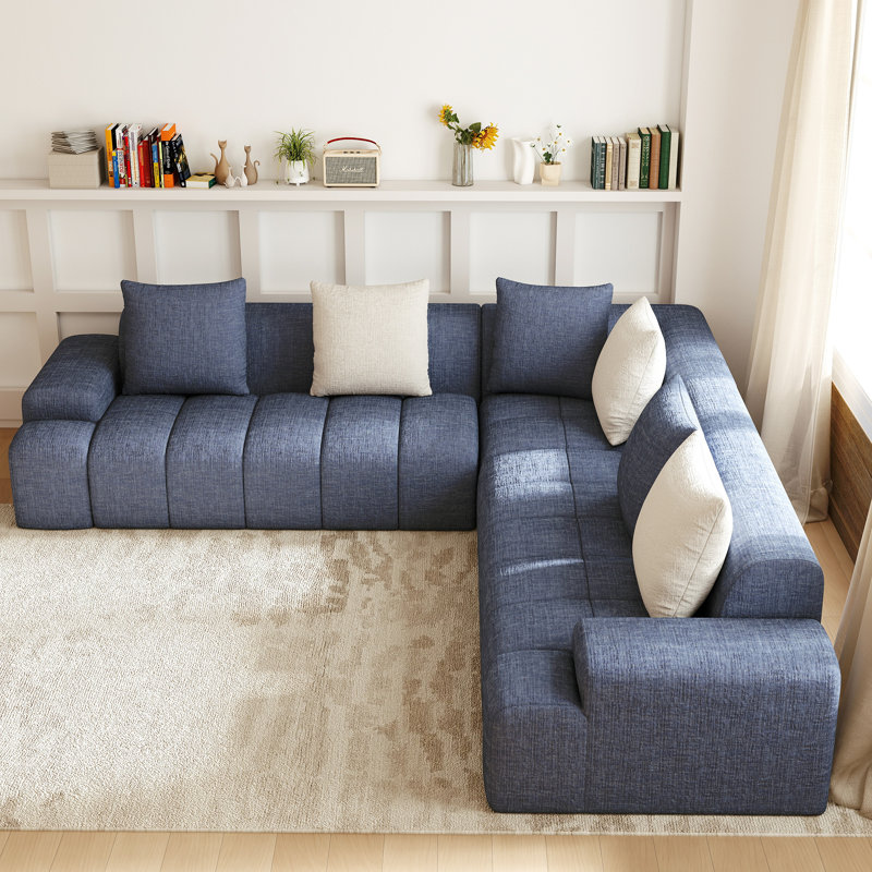 108" Compression Chenille Frameless L-Shaped 3-Piece Cloudy Upholstered Corner Sectional with 6 Throw Pillows,No Assembly Required