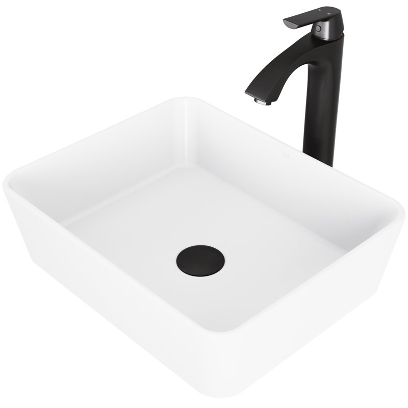 Marigold 18" L x 14" W x 5" H Rectangular White Matte Stone Vessel Bathroom Sink with 12" H Faucet, Matte Black