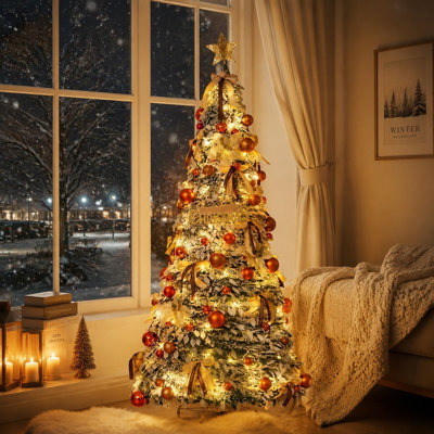 Pre‑Lit Collapsible Artificial Christmas Tree, 5.41 Ft Pull‑Up Pop‑Up Xmas Tree with Ornaments, Bows, Tree Topper Star and Warm Lights for Holiday Home Decoration