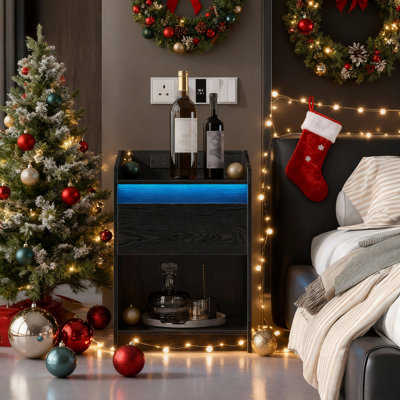 Bedside Table with LED Light, Bedside Cabinet with Charging Station, 1 Storage Drawer Nightstand for Bedroom, Living Room, 2 USB Port, 2 Outlets, Open Compartment
