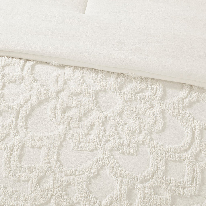 Ensemble d'édredon 3 pièces médaillon en chenille de coton capitonné blanc cassé / grand, Blanc