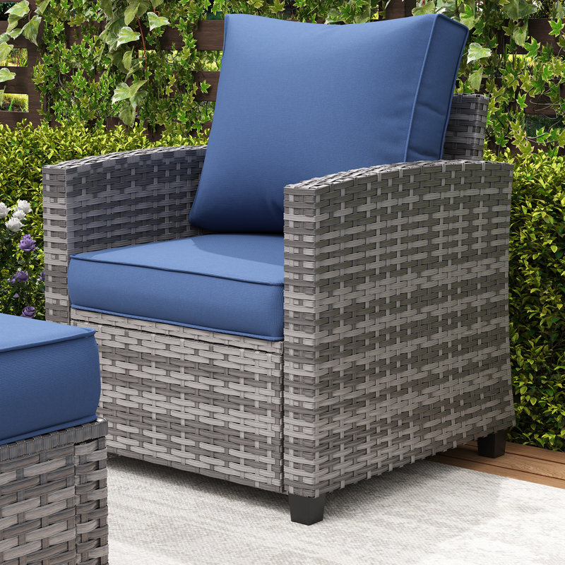 Mecayla 7-Person Wicker Patio Conversation Set with Cushions, Navy Cushion/Gray Frame