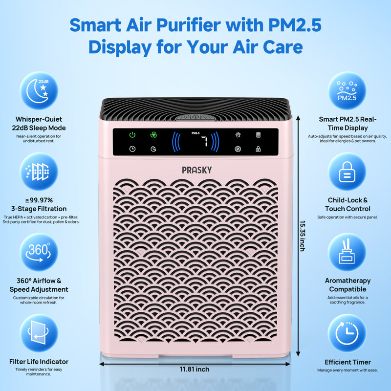 Purificateur d'air intelligent et silencieux HEPA avec affichage de la qualité de l'air en temps réel, filtration 3-en-1 pour les allergies et les animaux de compagnie, et diffuseur d'aromathérapie pour la maison