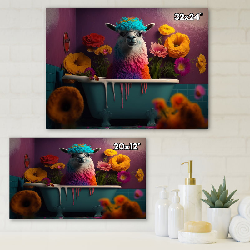 Lama faisant un gâchis dans la baignoire II - impression sur toile tendue