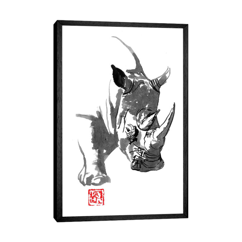 Rhino by Péchane - Painting on Canvas, 152.5 cm H x 101.5 cm W, Black Framed