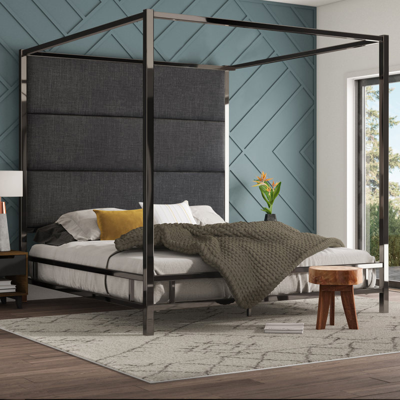 Moyers Upholstered Metal Canopy Bed, Black Nickel/Pewter Grey Linen, King