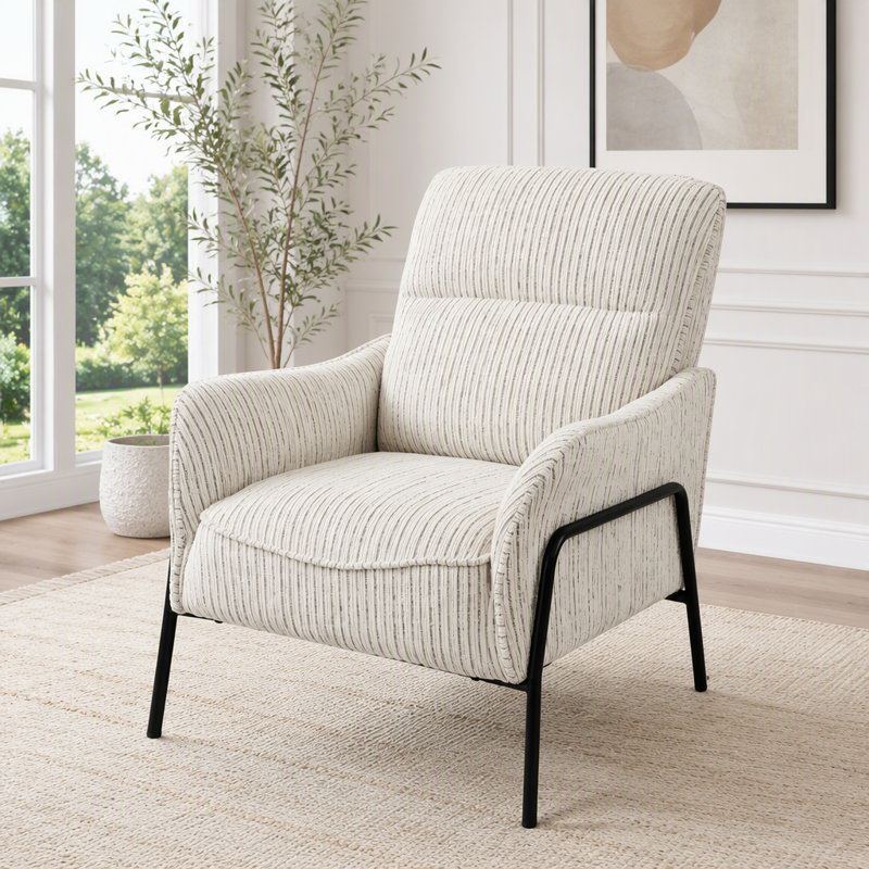 Élégante chaise d'appoint en tissu rayé avec structure en métal noir, Tissu gris