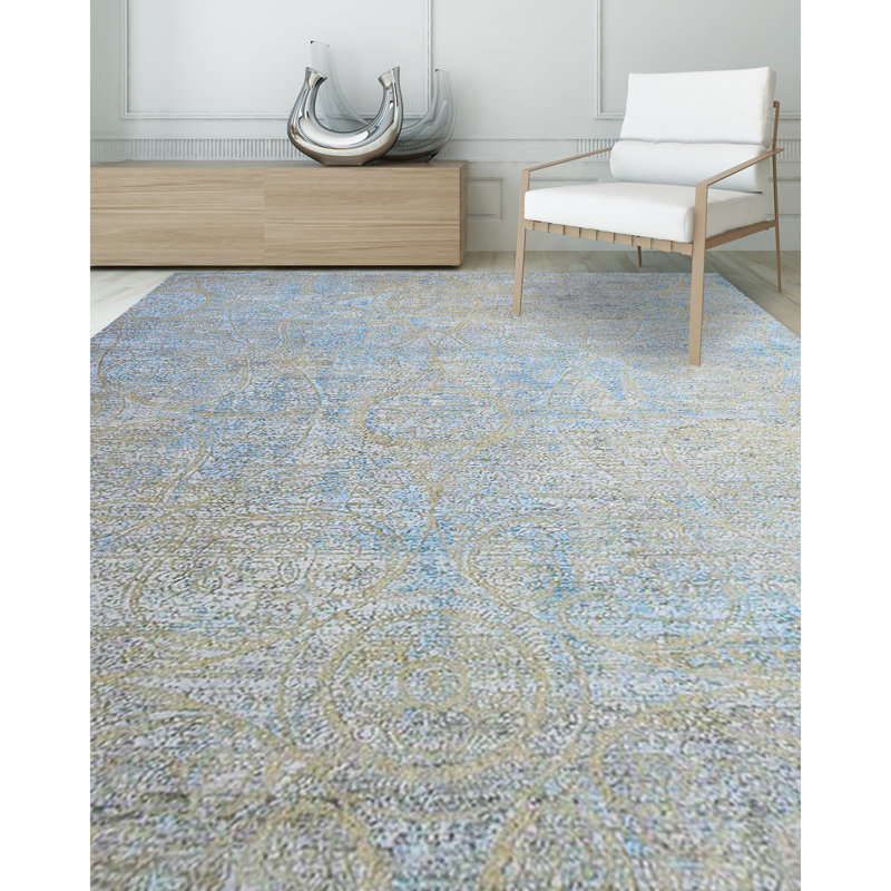 Handmade Silk and Wool Abstract Area Rug, Rectangle 6' x 9'