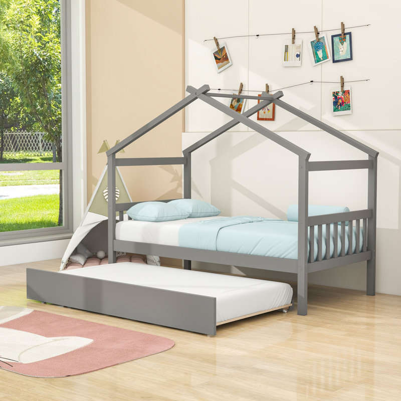 Lit en bois en forme de maison avec toit suspendu et lit gigogne simple, Simple, Gris